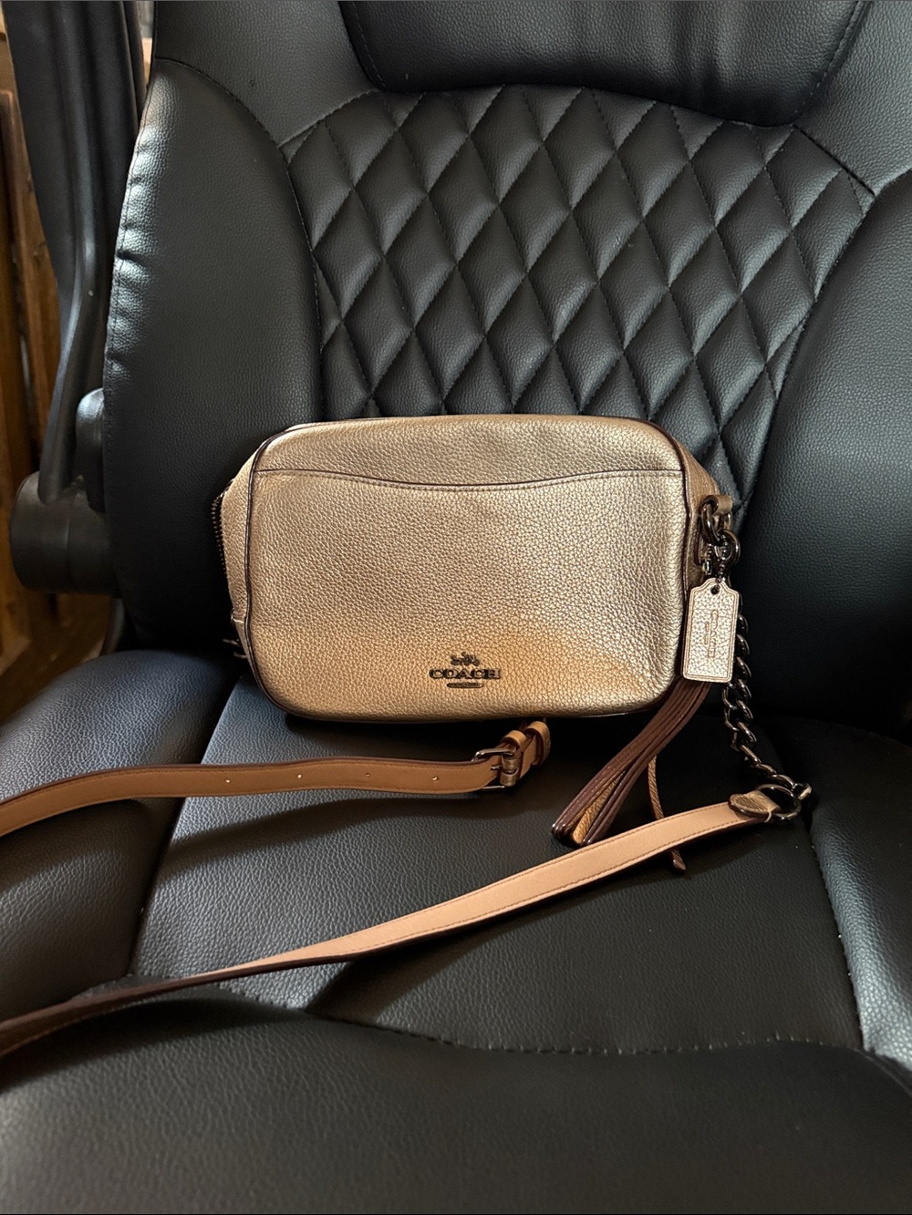 Coach Metallic Champagne Crossbody Bag with Brown Leather Strap